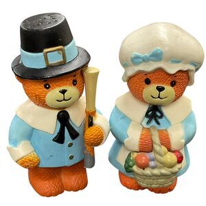 Vtg Enesco 1986 Bear‎ Collectible Salt & Pepper Shaker Set Thanksgiving Pilgrims